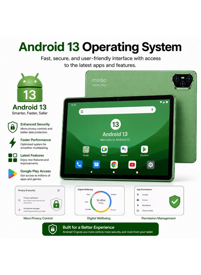 Modio Tab M42 Tablet 10.1" IPS HD, 8GB RAM 512GB Storage, Android 13, 10000mAh, Dual SIM WiFi, 13MP Camera, Keyboard Mouse Pen Bundle – Green - Image 5