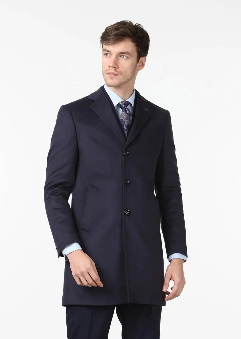 RAMSEY Navy Blue Regular Fit Butterfly Collar Classical Weaving Overcoat