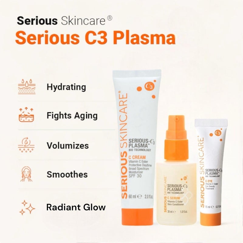 Serious Skincare Serious-C3 Plasma Vitamin C Day Trio - C Cream Daytime Moisturizer SPF 30 2 oz, Vitamin C Serum Skin Conditioner 1 oz. and C-Eye Treatment 0.5 oz.- For Smooth Radiant Skin - Image 2