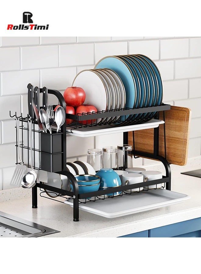 رولستيمي 2 الطبقة طبق رف و دريبوارد مجموعة ، الفولاذ المقاوم للصدأ رف لتجفيف الأطباق مع دريبوارد ، المدمجة طبق تجفيف ل منضدة مطبخ مع أواني السكاكين حامل الكأس و قطع المجلس حامل - Image 1