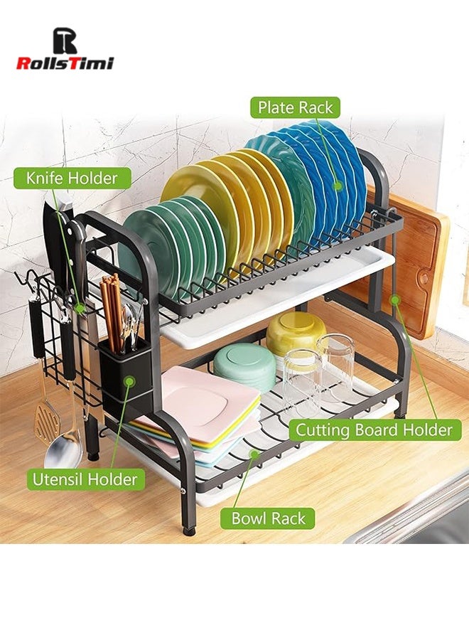 رولستيمي 2 الطبقة طبق رف و دريبوارد مجموعة ، الفولاذ المقاوم للصدأ رف لتجفيف الأطباق مع دريبوارد ، المدمجة طبق تجفيف ل منضدة مطبخ مع أواني السكاكين حامل الكأس و قطع المجلس حامل - Image 3