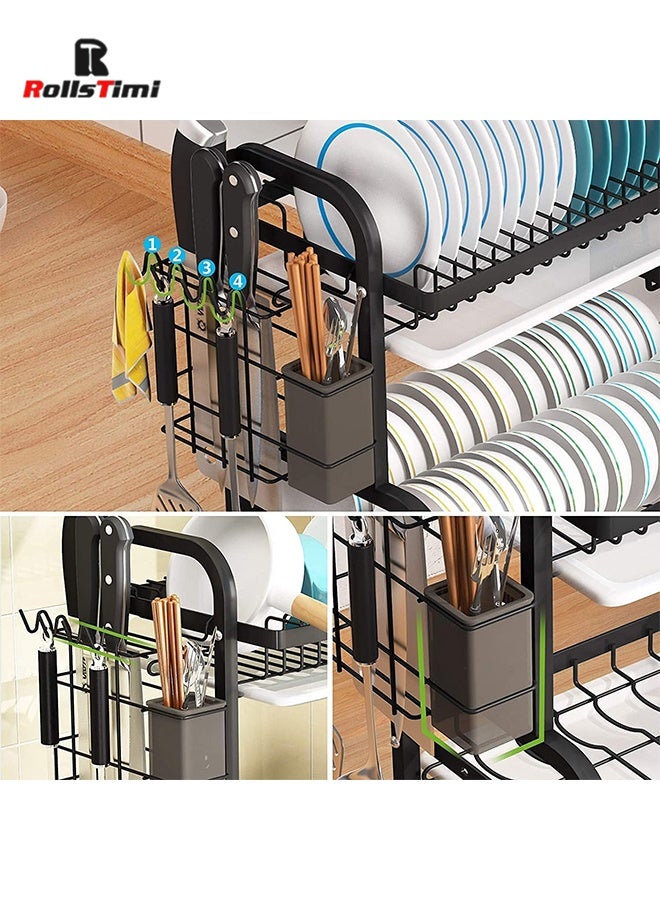 رولستيمي 2 الطبقة طبق رف و دريبوارد مجموعة ، الفولاذ المقاوم للصدأ رف لتجفيف الأطباق مع دريبوارد ، المدمجة طبق تجفيف ل منضدة مطبخ مع أواني السكاكين حامل الكأس و قطع المجلس حامل - Image 4