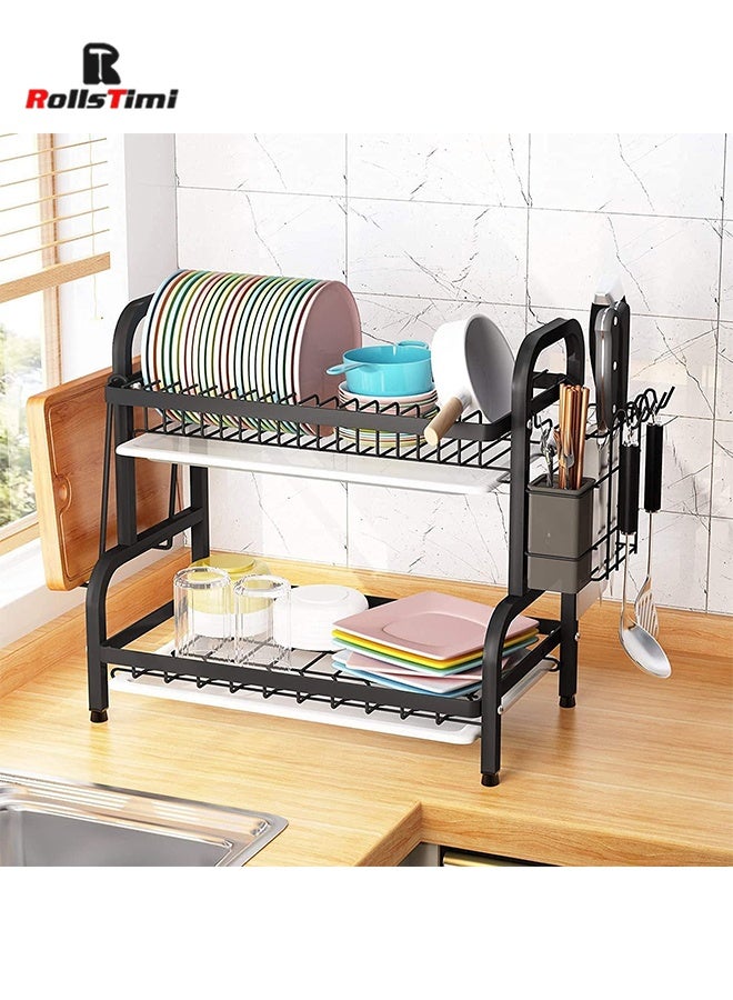 رولستيمي 2 الطبقة طبق رف و دريبوارد مجموعة ، الفولاذ المقاوم للصدأ رف لتجفيف الأطباق مع دريبوارد ، المدمجة طبق تجفيف ل منضدة مطبخ مع أواني السكاكين حامل الكأس و قطع المجلس حامل - Image 5