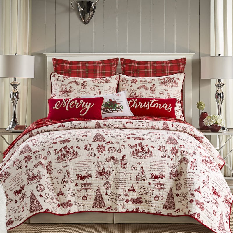 Levtex Home Yuletide Quilt Set KingCal King Quilt 106x92in Two King Pillow Shams 36x20in Christmas Holiday Script Red and Cream Reversible Cotton