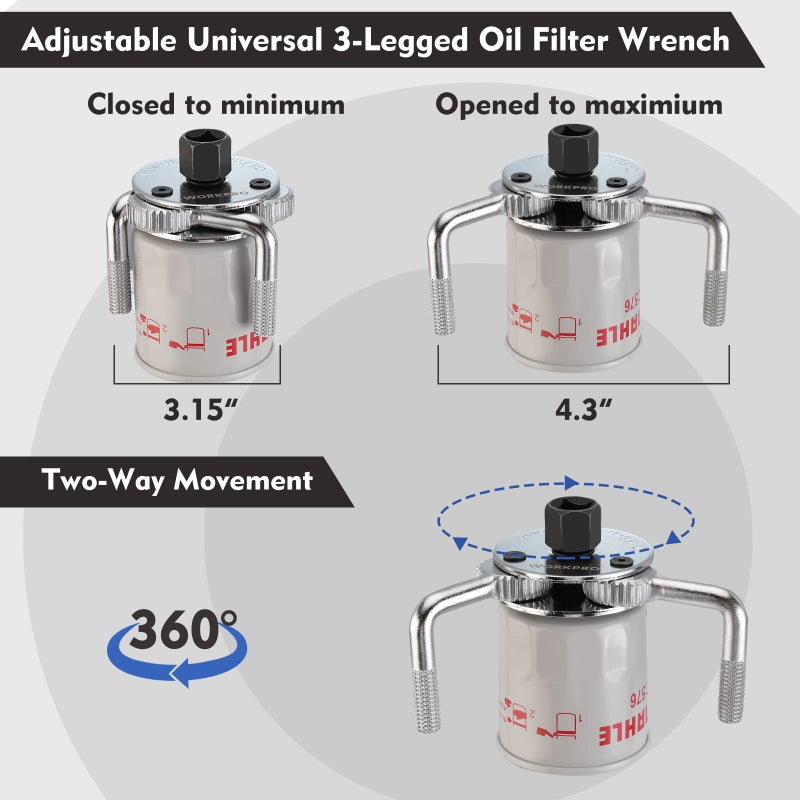 WORKPRO Adjustable Oil Filter Wrench, Universal 3"â€“5-1/2" (76â€“140mm) Heavy Duty 3-Jaw Oil Filter Removal Tool, Professional Auto Repair Tool for Car, Truck, SUV, Tractor, and Motorcycle - Image 3