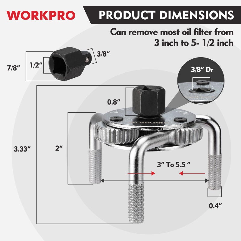 WORKPRO Adjustable Oil Filter Wrench, Universal 3"â€“5-1/2" (76â€“140mm) Heavy Duty 3-Jaw Oil Filter Removal Tool, Professional Auto Repair Tool for Car, Truck, SUV, Tractor, and Motorcycle - Image 2