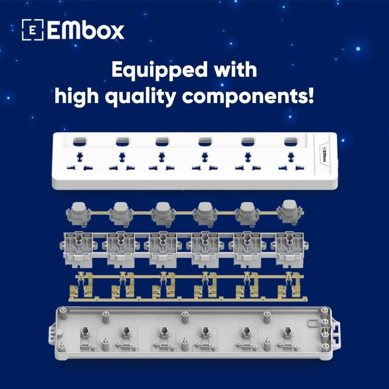 EMBOX لوحة تمديد مع مفاتيح 1500 واط، 6 مقابس عالمية، مفتاح فردي، غطاء أمان، واقي من ارتفاع الجهد 6 أمبير، مؤشر LED وغطاء أمان، سلك تمديد بطول 1.8 متر - Image 5