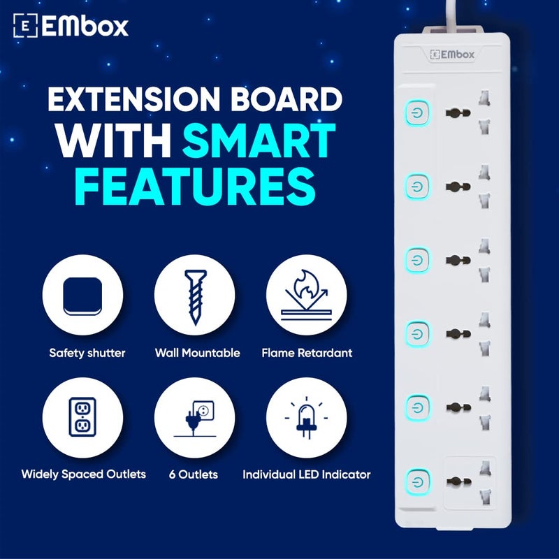 EMBOX لوحة تمديد مع مفاتيح 1500 واط، 6 مقابس عالمية، مفتاح فردي، غطاء أمان، واقي من ارتفاع الجهد 6 أمبير، مؤشر LED وغطاء أمان، سلك تمديد بطول 1.8 متر - Image 3