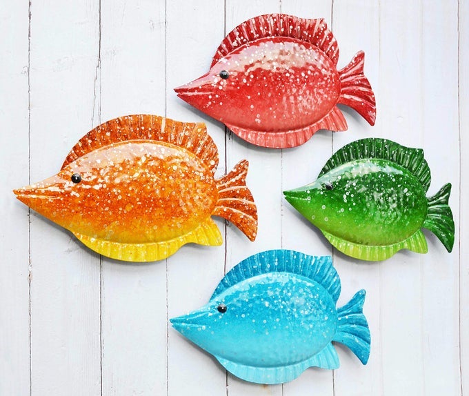 COASTAL OCEAN SEA METAL FISH HANGING WALL ART DECOR FOR LIVING ROOM BEDROOM BATHROOM GUEST ROOM POOL WALL DECOR SET OF 4
