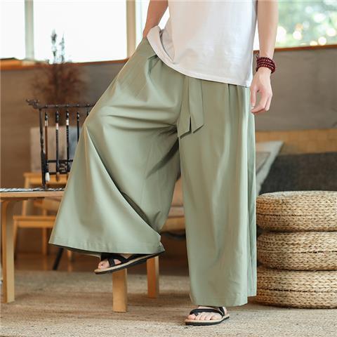 Summer Pendant Straight Leg Pants Mens Chinese Style Tang Suit Ice Silk Thin Casual Trousers Retro Style Fairy Han Style Culottes Army Green 1