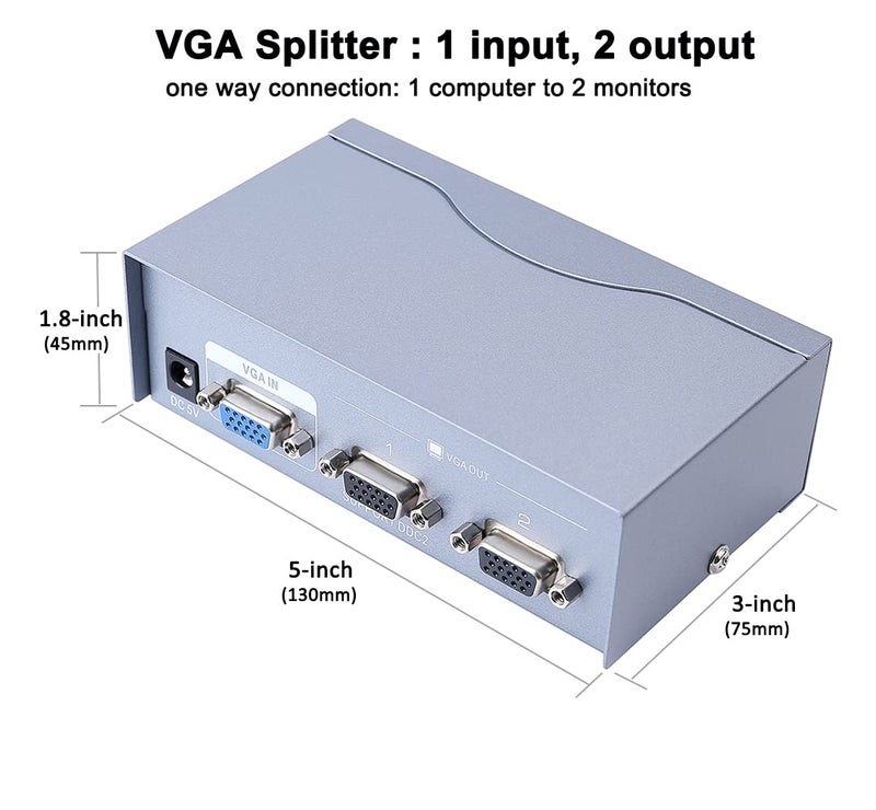DTech 2 Way Powered VGA Splitter Amplifier Box High Resolution 1080p SVGA Video 1 in 2 Out 250 Mhz for 1 PC to Dual Monitor Computer - Image 5