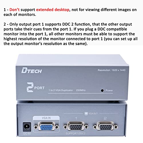 DTech 2 Way Powered VGA Splitter Amplifier Box High Resolution 1080p SVGA Video 1 in 2 Out 250 Mhz for 1 PC to Dual Monitor Computer - Image 4