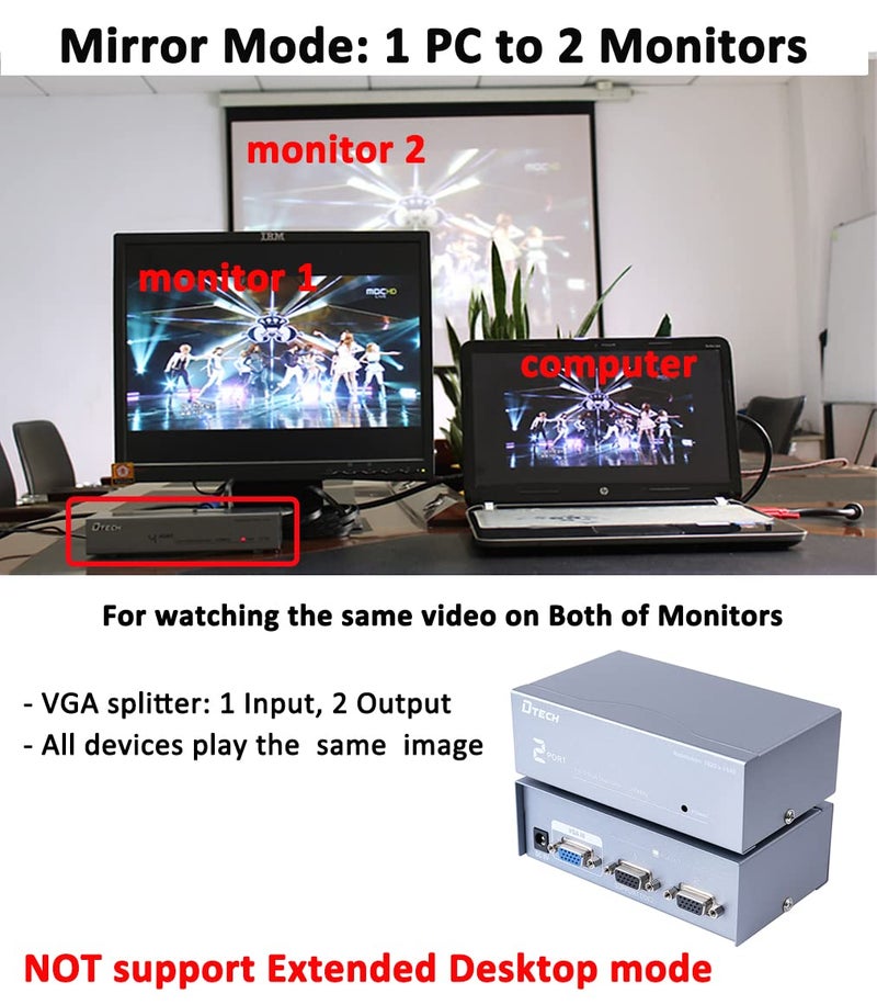 DTech 2 Way Powered VGA Splitter Amplifier Box High Resolution 1080p SVGA Video 1 in 2 Out 250 Mhz for 1 PC to Dual Monitor Computer - Image 2