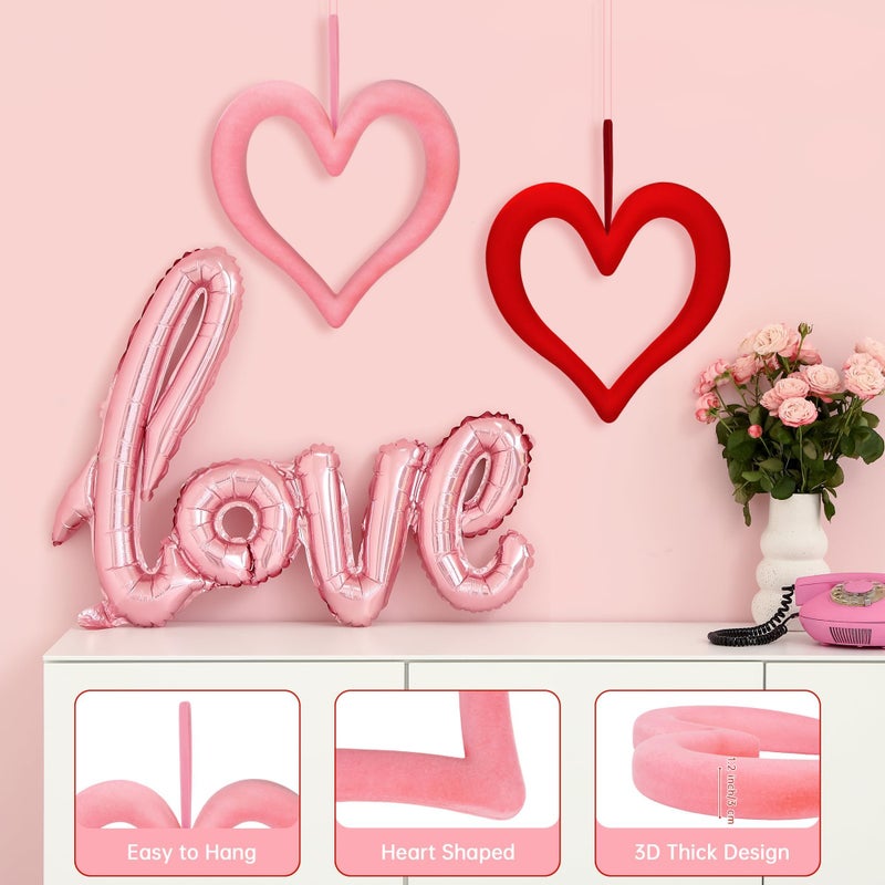 Aneco 6 Pieces Valentineâ€˜s Day 3D Velvet Heart Hanging Ornament 9.45 Inch Foam Heart Wreaths for Valentineâ€˜s Day Wedding Anniversary Front Door Home Decor, Red and Pink - Image 3
