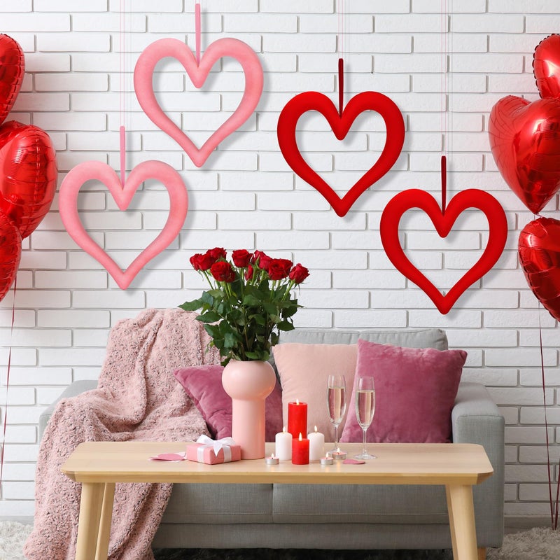 Aneco 6 Pieces Valentineâ€˜s Day 3D Velvet Heart Hanging Ornament 9.45 Inch Foam Heart Wreaths for Valentineâ€˜s Day Wedding Anniversary Front Door Home Decor, Red and Pink - Image 5
