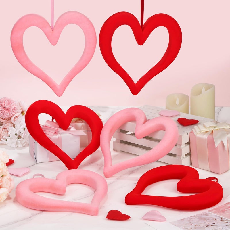 Aneco 6 Pieces Valentineâ€˜s Day 3D Velvet Heart Hanging Ornament 9.45 Inch Foam Heart Wreaths for Valentineâ€˜s Day Wedding Anniversary Front Door Home Decor, Red and Pink - Image 1