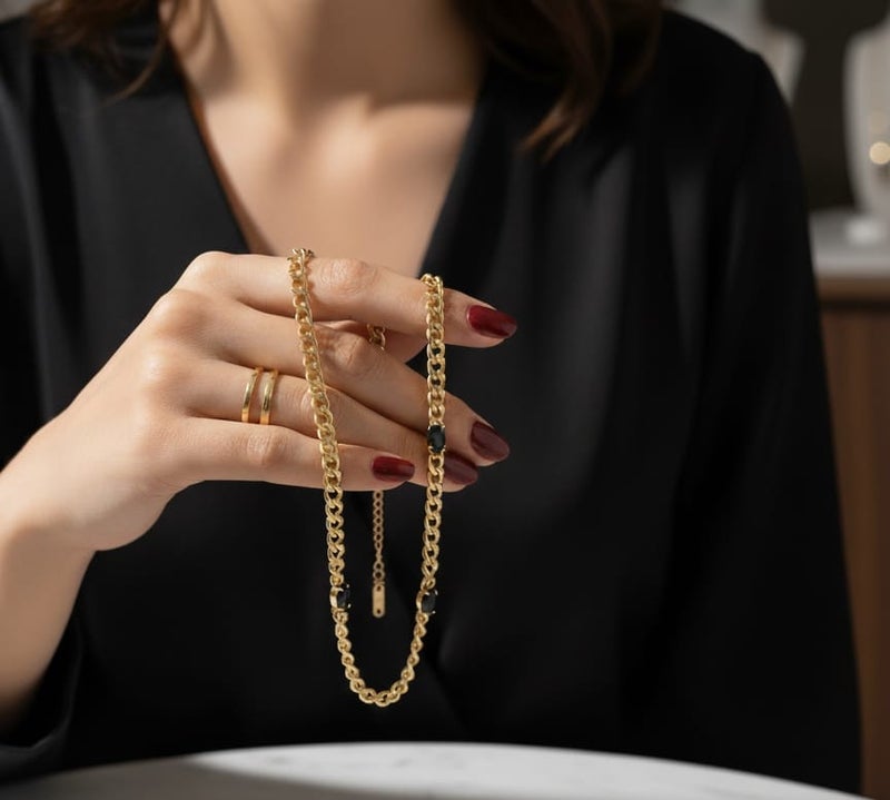 An elegant gold necklace with a distinctive thick chain, adorned with three oval-shaped black stones. Made of rust-resistant stainless steel with an adjustable clasp. - Image 5