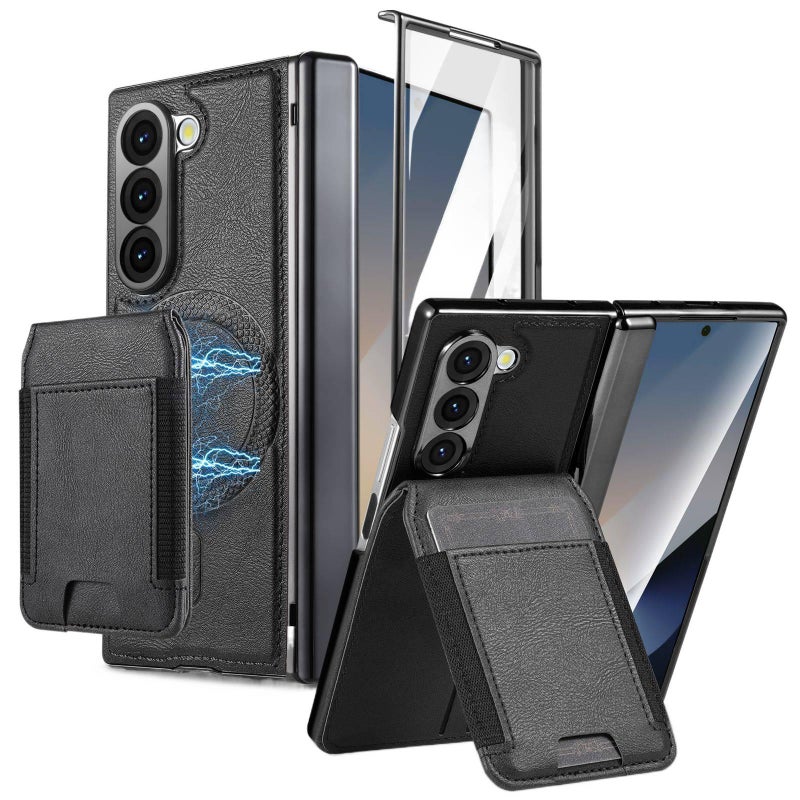 MagSafe Case Leather Texture for Samsung Galaxy Z Fold 7 and Card Holder and Kickstand and Anti Fingerprint in Black finish - Image 1