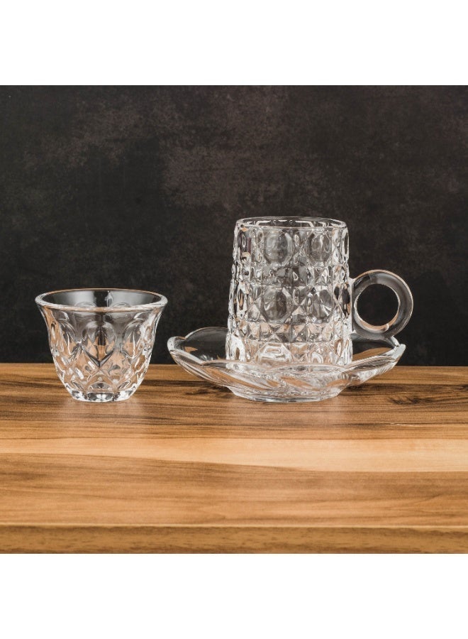 Saudi tea and coffee cups set with saucers made of clear glass, consisting of 6 cups + 6 tea saucers + 6 Saudi coffee cups - Image 1