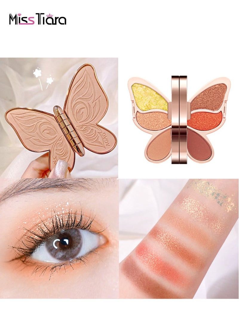 MissTiara مجموعة ظلال العيون على شكل فراشة مكونة من 6 ألوان مع ترتر لؤلؤي لامع بلون طبيعي غير لامع لمكياج المبتدئين للفتيات - Image 1