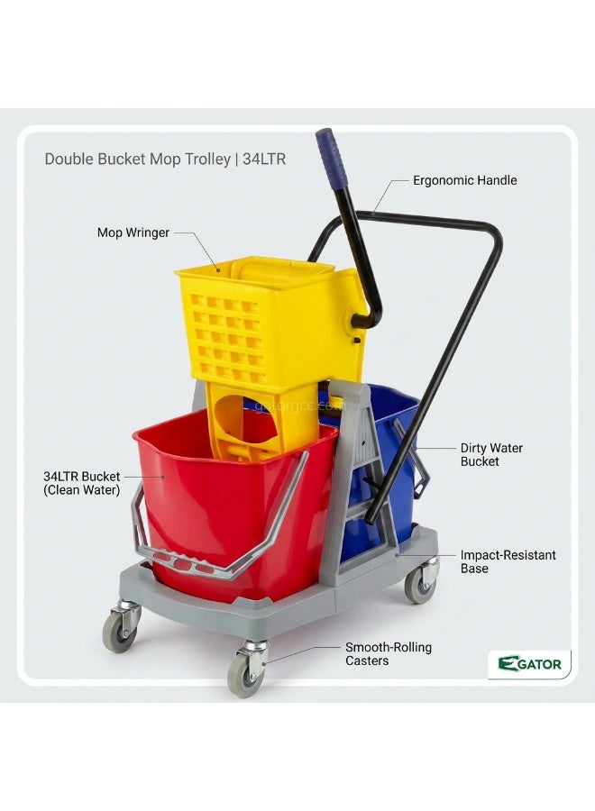 Gator Double-Bucket Mop Trolley | Side-Press Wringer | 360-Degree Rotating Swivel Wheels | Heavy-Duty | Suitable For Restaurants, Offices, Commercial Use, Hotels, & Villas | 17 x 17 Liters - Image 2