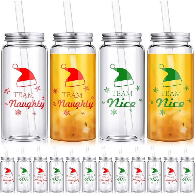 24 PCS REUSABLE CUPS BULK 135 OZ PLASTIC MASON JARS WITH LIDS AND STRAWS COFFEE TEA HOT COCOA BEVERAGE TUMBLER ADULTSCHRISTMAS