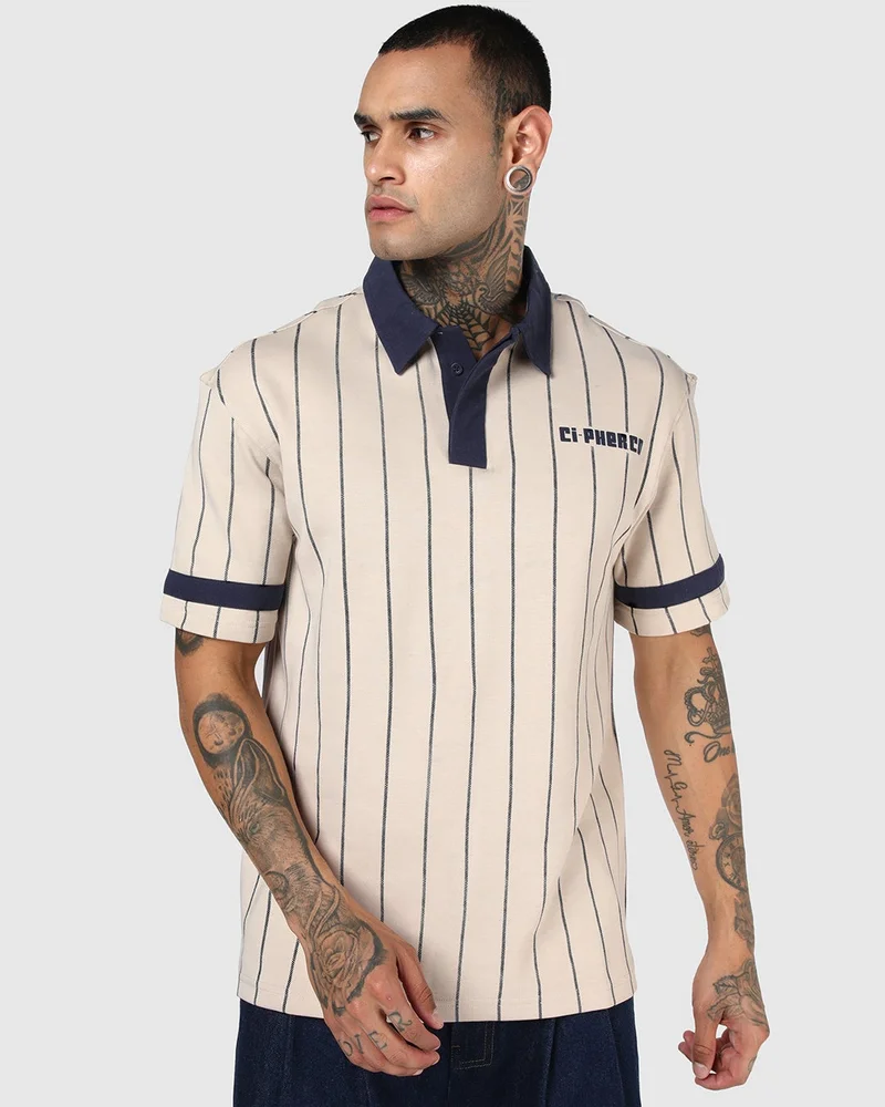 Men's Beige & Navy Blue Typography Oversized Polo T-shirt