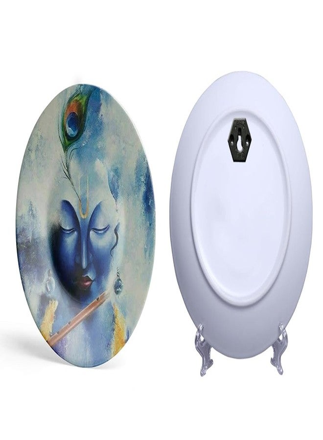 Clapcart Ceramic Decorative Wall and Table Top Printed Plate/Platter with Stand and Hook, for Living Room, Home, Hotel and Office (Lrod Krishna Face Art Print, Size 8 x 8 inches Plate) - Image 3