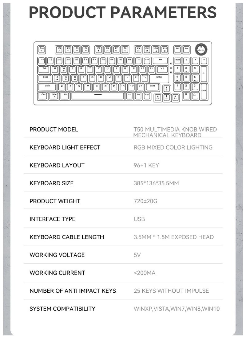 T-WOLF - 80% Mechanical Gaming Keyboard LED Backlit Compact 97 Keys Wired Mechanical Keyboard With Volume Control Knob  Switch Keyboard for Gaming or Office - Image 1