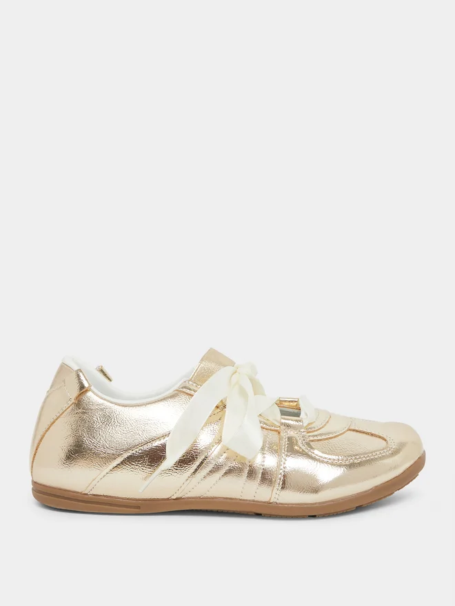 Metallic Look Ribbon Trim Sneakers