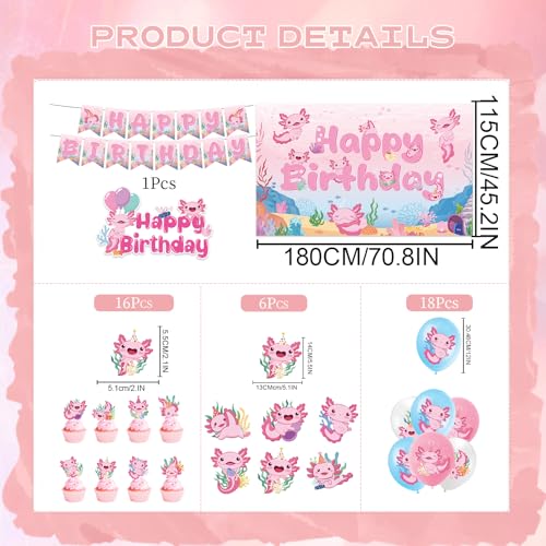 Refavor Axolotl Birthday Decorations Supplies 44PCS Pink Axolotl Happy Birthday Decor Set for Girls Includes Backdrop Banner Cupcake Topper Cake Topper Hanging Swirls Balloons - Image 5