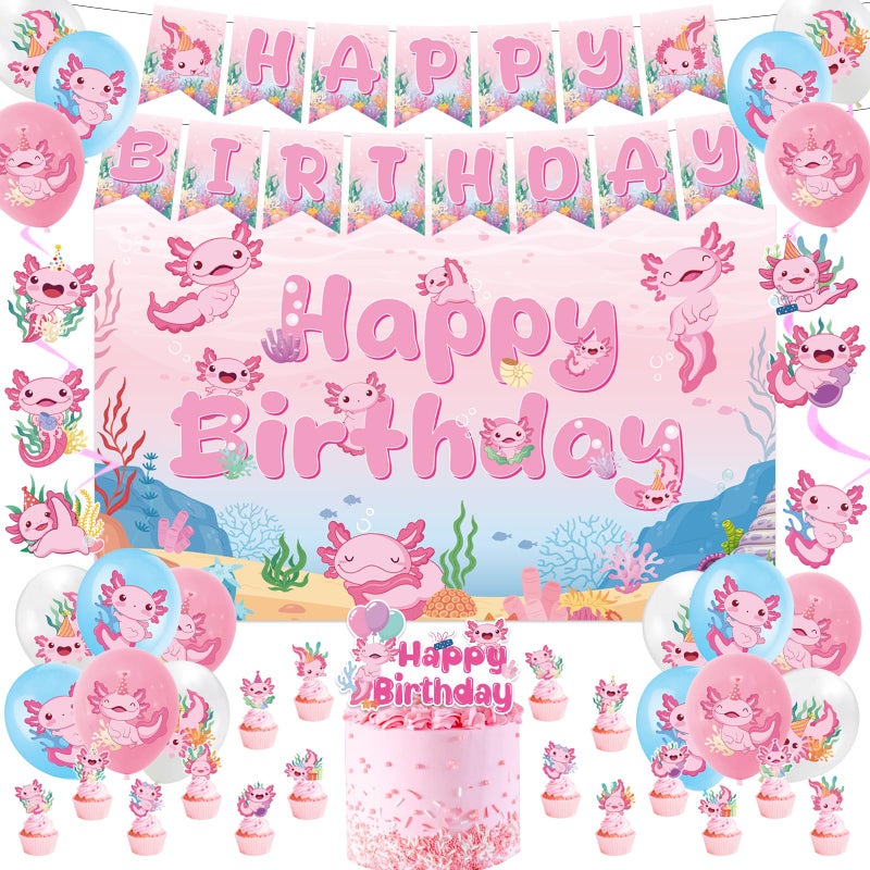 Refavor Axolotl Birthday Decorations Supplies 44PCS Pink Axolotl Happy Birthday Decor Set for Girls Includes Backdrop Banner Cupcake Topper Cake Topper Hanging Swirls Balloons - Image 3