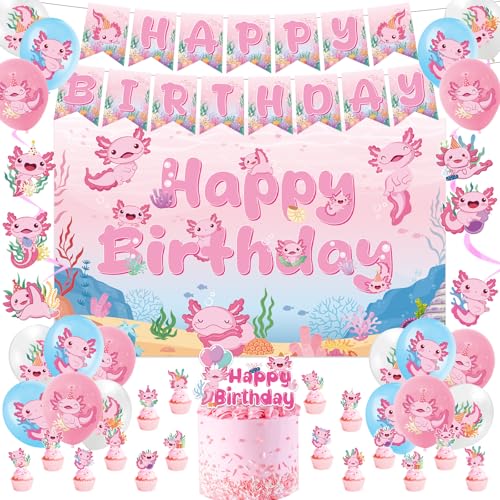 Refavor Axolotl Birthday Decorations Supplies 44PCS Pink Axolotl Happy Birthday Decor Set for Girls Includes Backdrop Banner Cupcake Topper Cake Topper Hanging Swirls Balloons - Image 1
