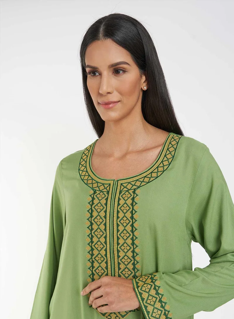 KASHKHA Solid Jalabiya with Cross Stitch Embroidery
