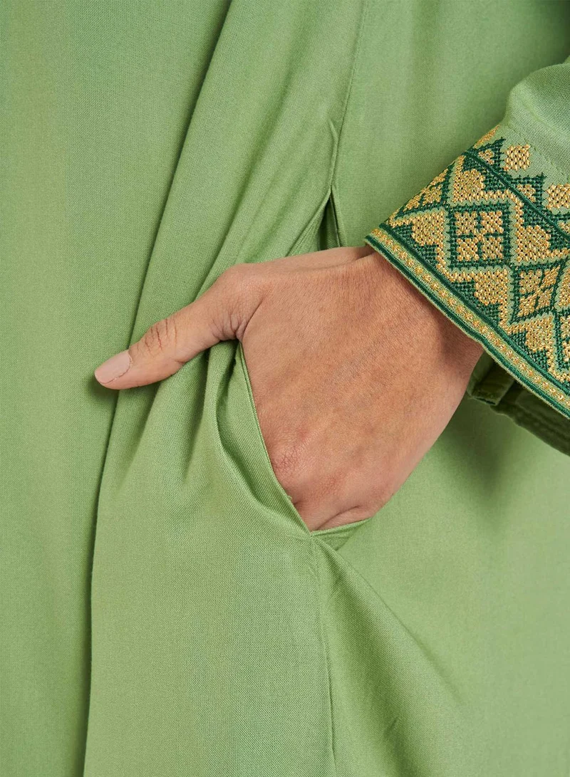 KASHKHA Solid Jalabiya with Cross Stitch Embroidery