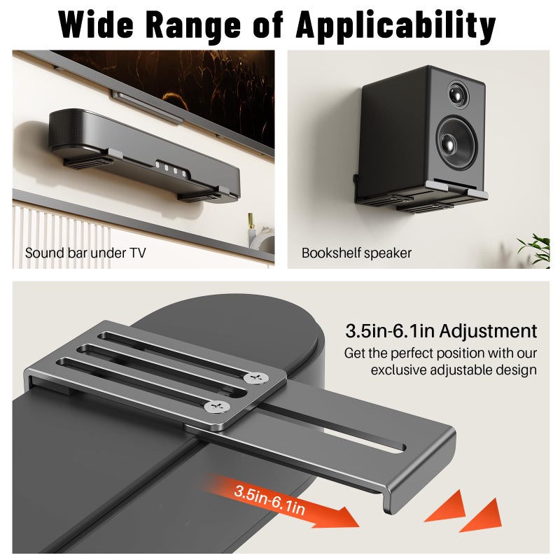 BYMECOST Universal Soundbar Wall Mount Bracket, Metal Soundbar Shelf Compatible with Depth from 3.3"-6.1", Soundbar Mount Under TV or Above TV, Holds up to 40 lbs, with Anti-Vibration Pads(Black) - Image 3