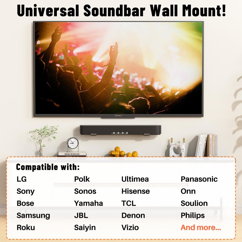 BYMECOST Universal Soundbar Wall Mount Bracket, Metal Soundbar Shelf Compatible with Depth from 3.3"-6.1", Soundbar Mount Under TV or Above TV, Holds up to 40 lbs, with Anti-Vibration Pads(Black) - Image 2