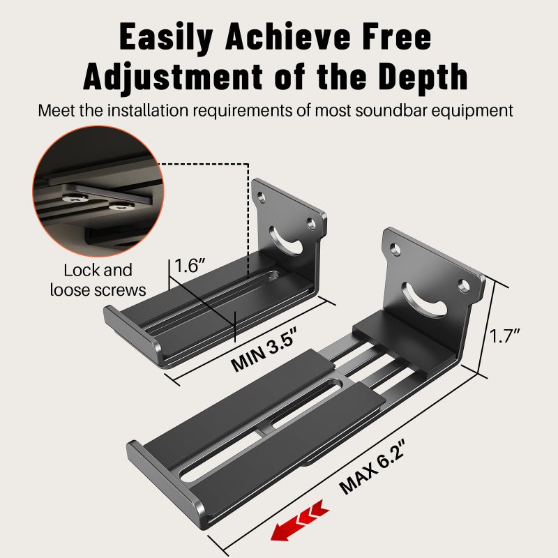 BYMECOST Universal Soundbar Wall Mount Bracket, Metal Soundbar Shelf Compatible with Depth from 3.3"-6.1", Soundbar Mount Under TV or Above TV, Holds up to 40 lbs, with Anti-Vibration Pads(Black) - Image 5