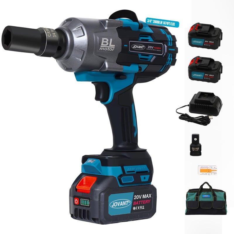 jovant Cordless Impact Wrench Kit, 20V MAX 3/4 Impact Gun, 1474Ft-lbs(2000N.m) Brushless Impact Wrenches, Power Wrench with 6-Mode Speed, 2x4.0Ah Batteries Cordless Impact Driver for Car/Mower - Image 1
