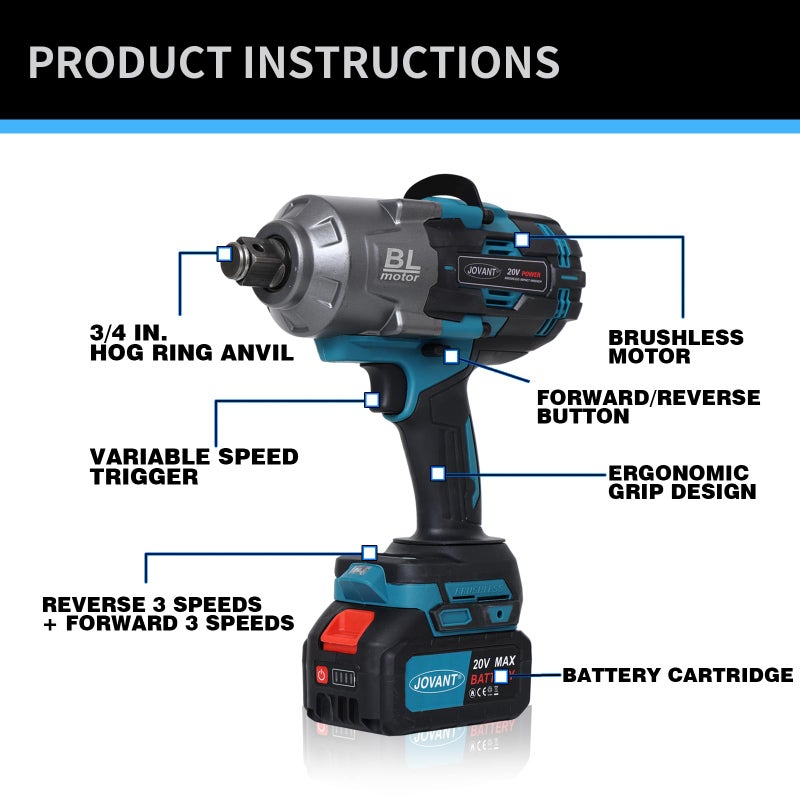 jovant Cordless Impact Wrench Kit, 20V MAX 3/4 Impact Gun, 1474Ft-lbs(2000N.m) Brushless Impact Wrenches, Power Wrench with 6-Mode Speed, 2x4.0Ah Batteries Cordless Impact Driver for Car/Mower - Image 5