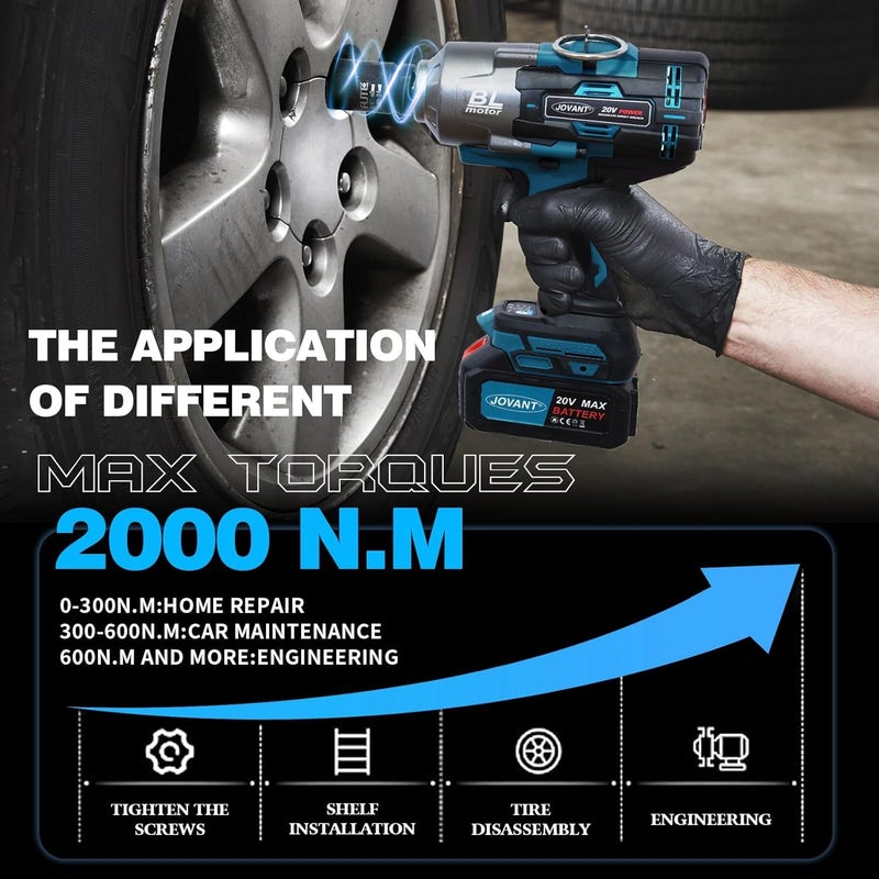 jovant Cordless Impact Wrench Kit, 20V MAX 3/4 Impact Gun, 1474Ft-lbs(2000N.m) Brushless Impact Wrenches, Power Wrench with 6-Mode Speed, 2x4.0Ah Batteries Cordless Impact Driver for Car/Mower - Image 2