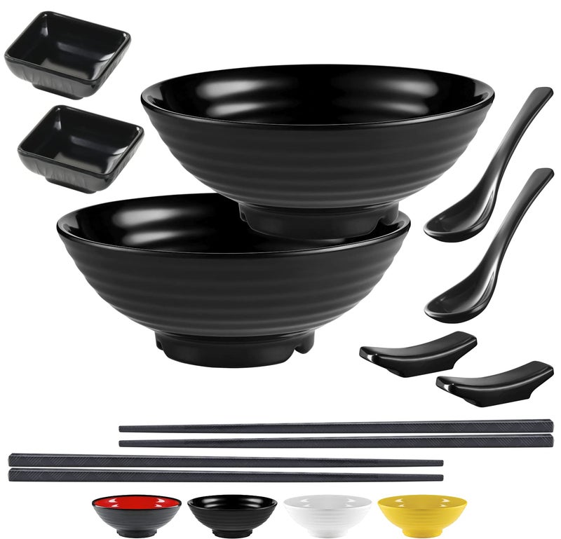 Unbreakable Ramen Bowl Set with Chopsticks and Spoon 2 large Japanese Style Melamine Ramen Bowls Dipping Bowls and Chopstick Stands for Asian Pho Soup Thai Miso Udon Wonton 2 Bowl Set Black