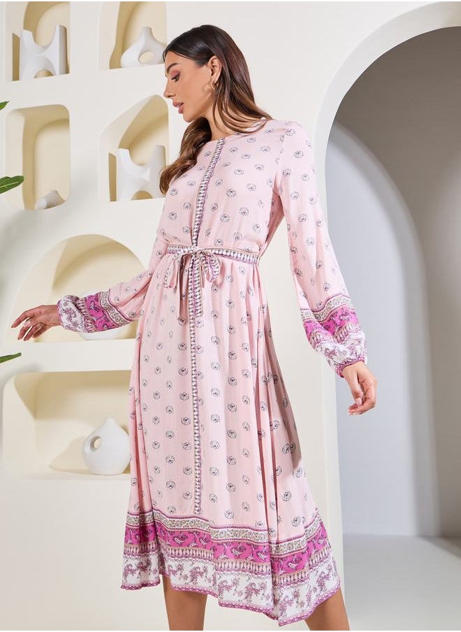 Styli Boho Print A-Line Midi Dress with Waist Tie Up  - Image 2