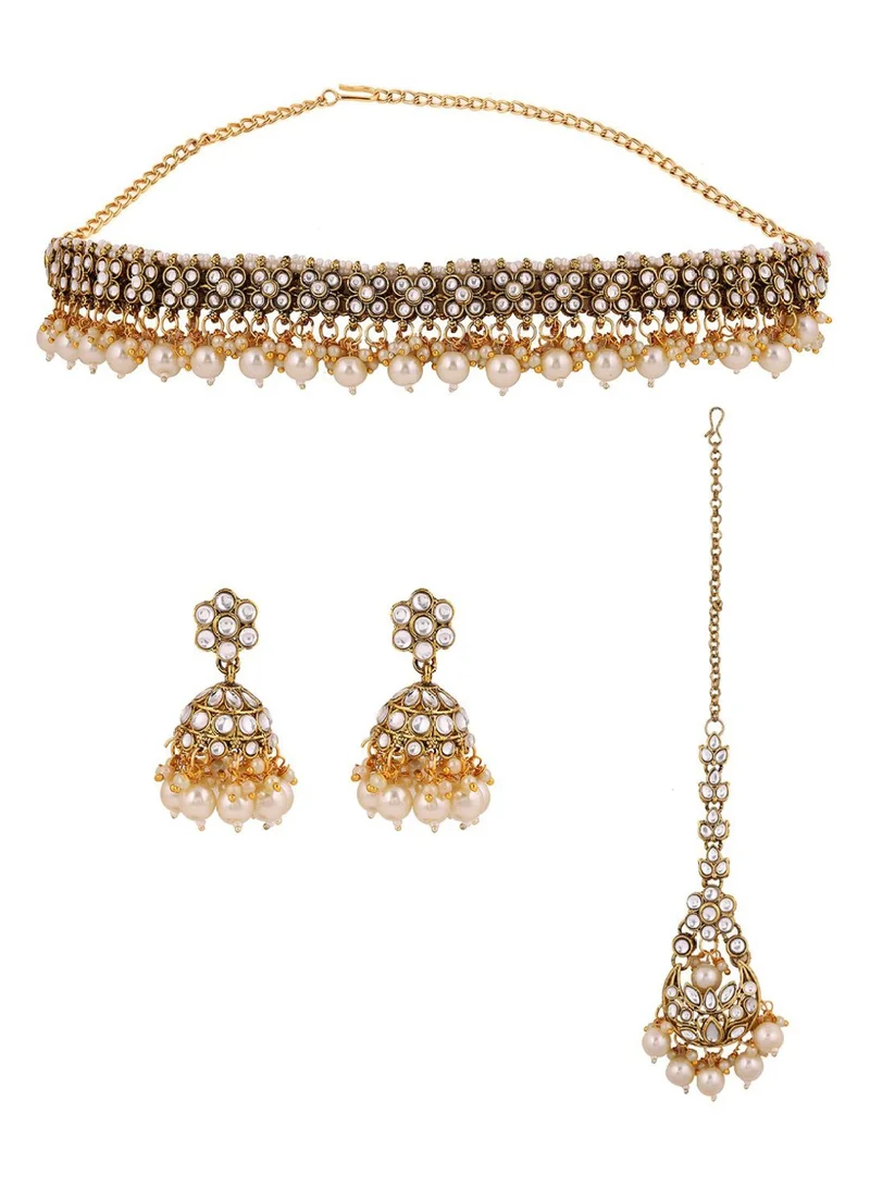 Priyaasi Kundan Stones-Studded  Pearls Beaded Jewellery Set