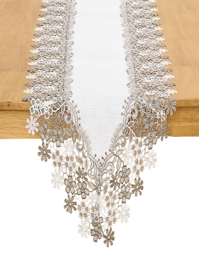 Winotic White Beige Floral Lace Table Runner Dresser Scarf 72 inches Long for Kitchen Dining Coffee Table Parties Wedding Home Decor (White, 16” x 72”) - Image 1