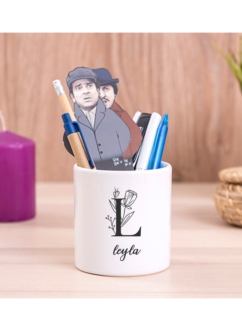 Hediye Dükkanı Gift Shop Personalized Initial Flower Design Ceramic Pen Holder 