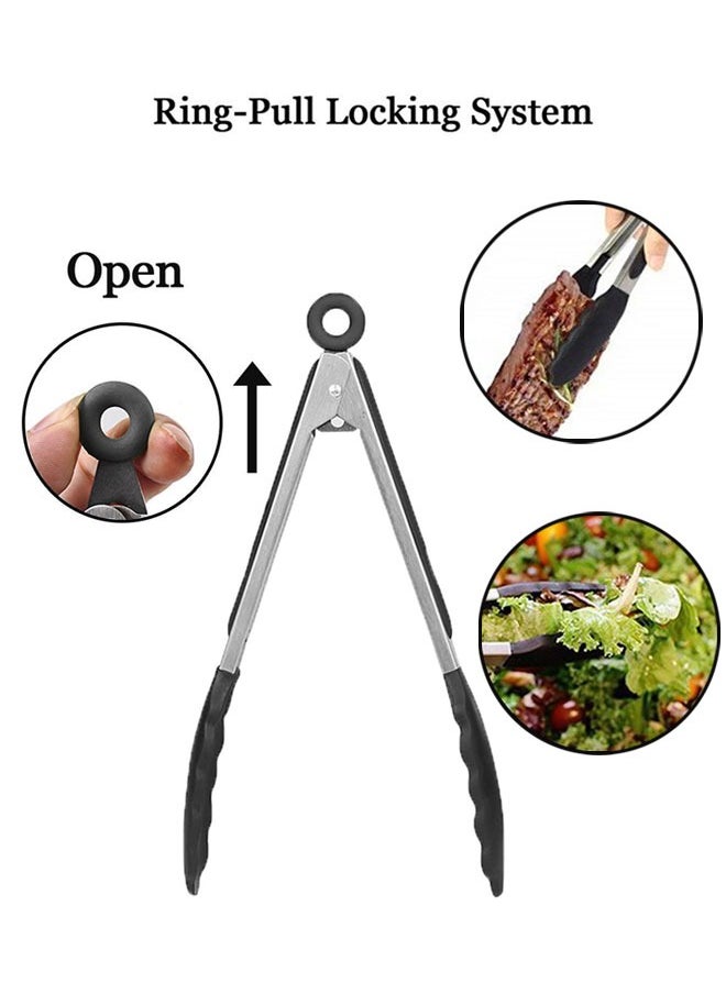 وهاواي 3 Pack Kitchen Tongs with Silicone Tips, Premium Silicone BPA Free Non-Stick Stainless Steel BBQ Cooking Grilling Locking Food Tongs, 7-Inch 9-Inch & 12-Inch Black  - Image 5
