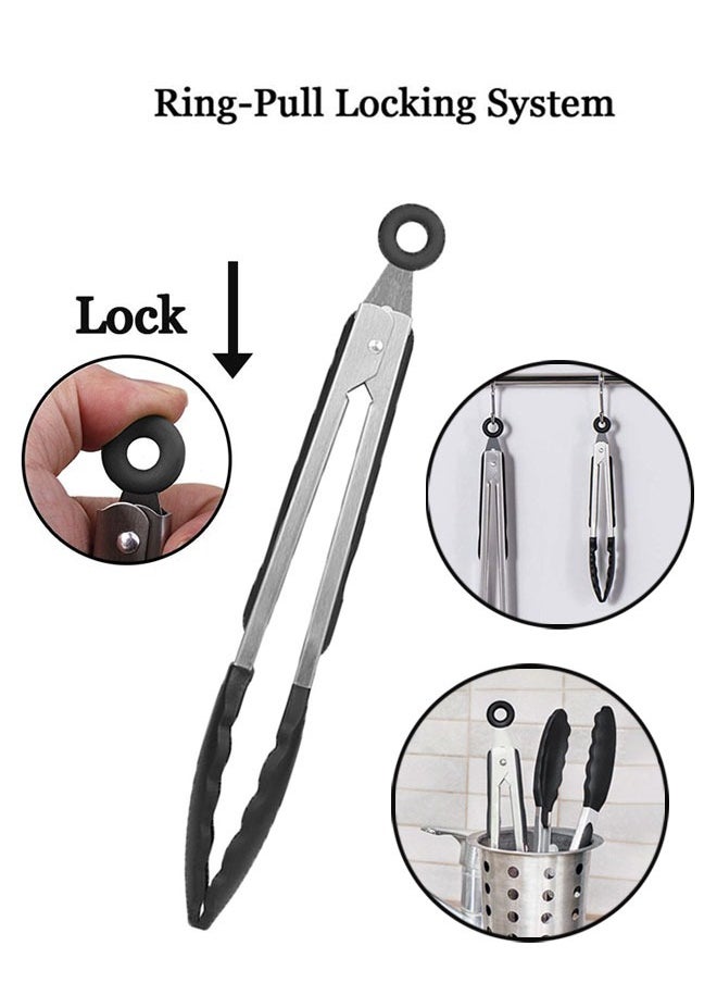 وهاواي 3 Pack Kitchen Tongs with Silicone Tips, Premium Silicone BPA Free Non-Stick Stainless Steel BBQ Cooking Grilling Locking Food Tongs, 7-Inch 9-Inch & 12-Inch Black  - Image 4
