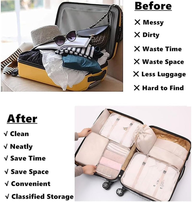 GOGO 7 Set Packing Cubes for Suitcases Lightweight Luggage Packing Organizers with Mesh bags Drawstring bag Shoe Bag Bra Bag and Flat pocket Travel Essentials Luggage Cubes Traveling Accessories - Cream - Image 5
