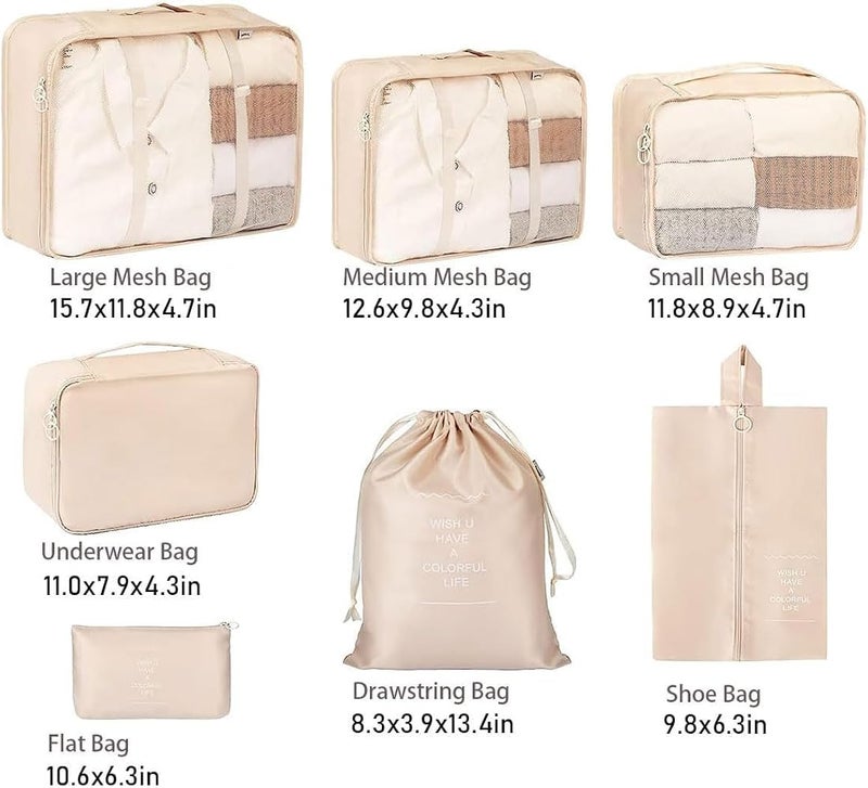 GOGO 7 Set Packing Cubes for Suitcases Lightweight Luggage Packing Organizers with Mesh bags Drawstring bag Shoe Bag Bra Bag and Flat pocket Travel Essentials Luggage Cubes Traveling Accessories - Cream - Image 3